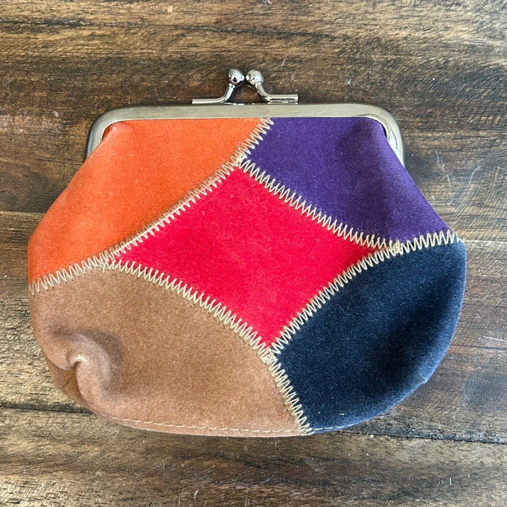 Lancôme Patchwork Kiss Lock Pouch Coin Purse Cosmetic Bag Faux-Suede Vintage